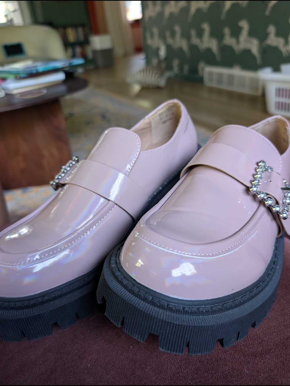 Call It Spring Patent Pink Chunky Loafers with Rhinestone Buckle